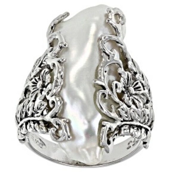 Artisan Rare Natural Cultured Pearl Intricate Floral Design SS Silver Size 7